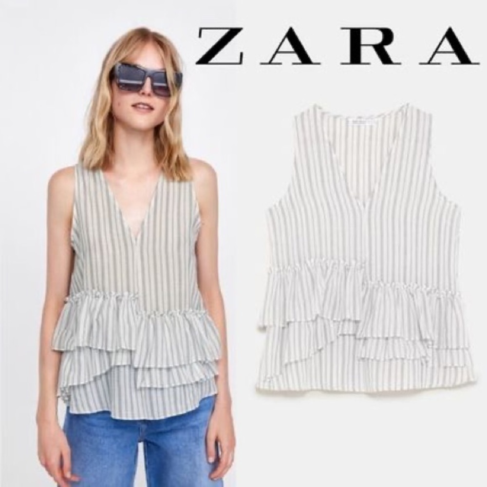 ZARA BASIC Womens Striped Ruffle V Neck Sleeveless Top Size S